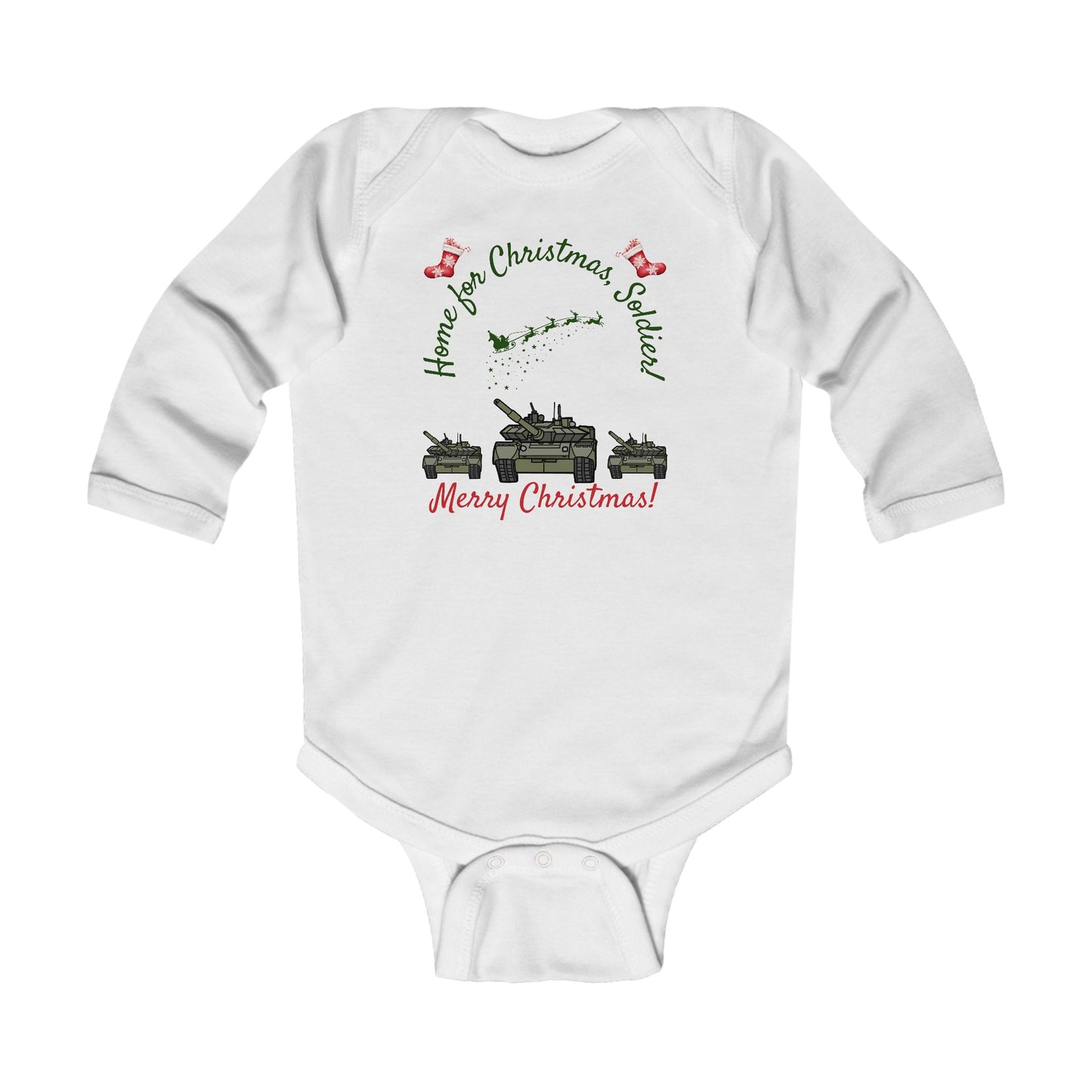 Home for Christmas Army Baby Bodysuit | Soldier in Training Outfit with US Flag | Long Sleeve Baby Gift | 3 Colors Available