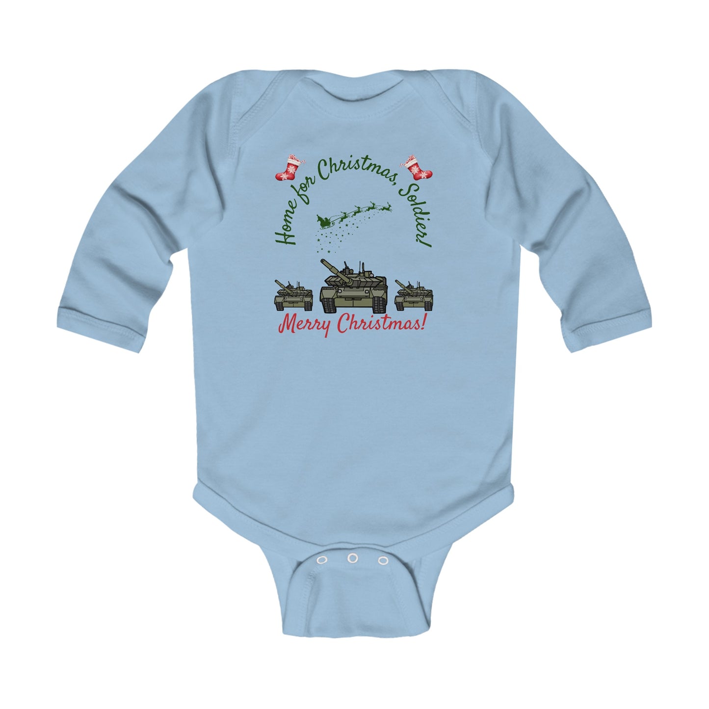 Home for Christmas Army Baby Bodysuit | Soldier in Training Outfit with US Flag | Long Sleeve Baby Gift | 3 Colors Available