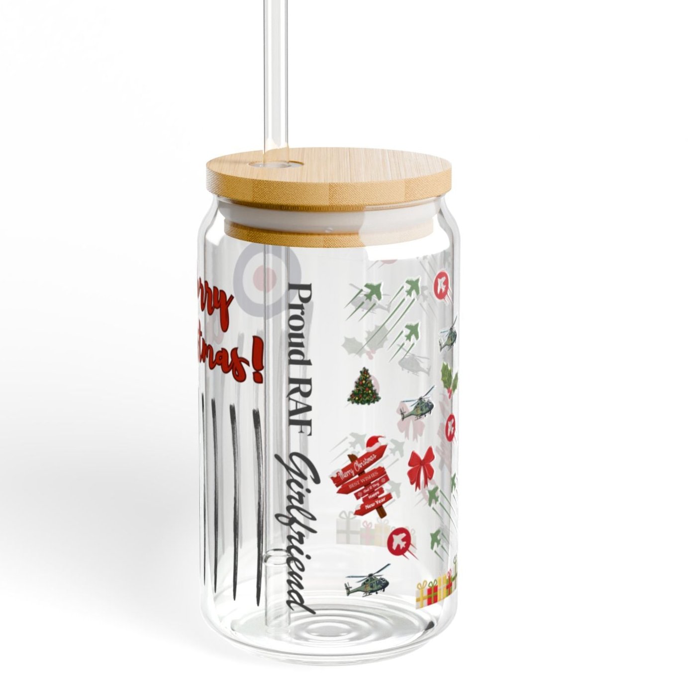 Proud RAF Girlfriend Christmas Glass Cup with Bamboo Lid