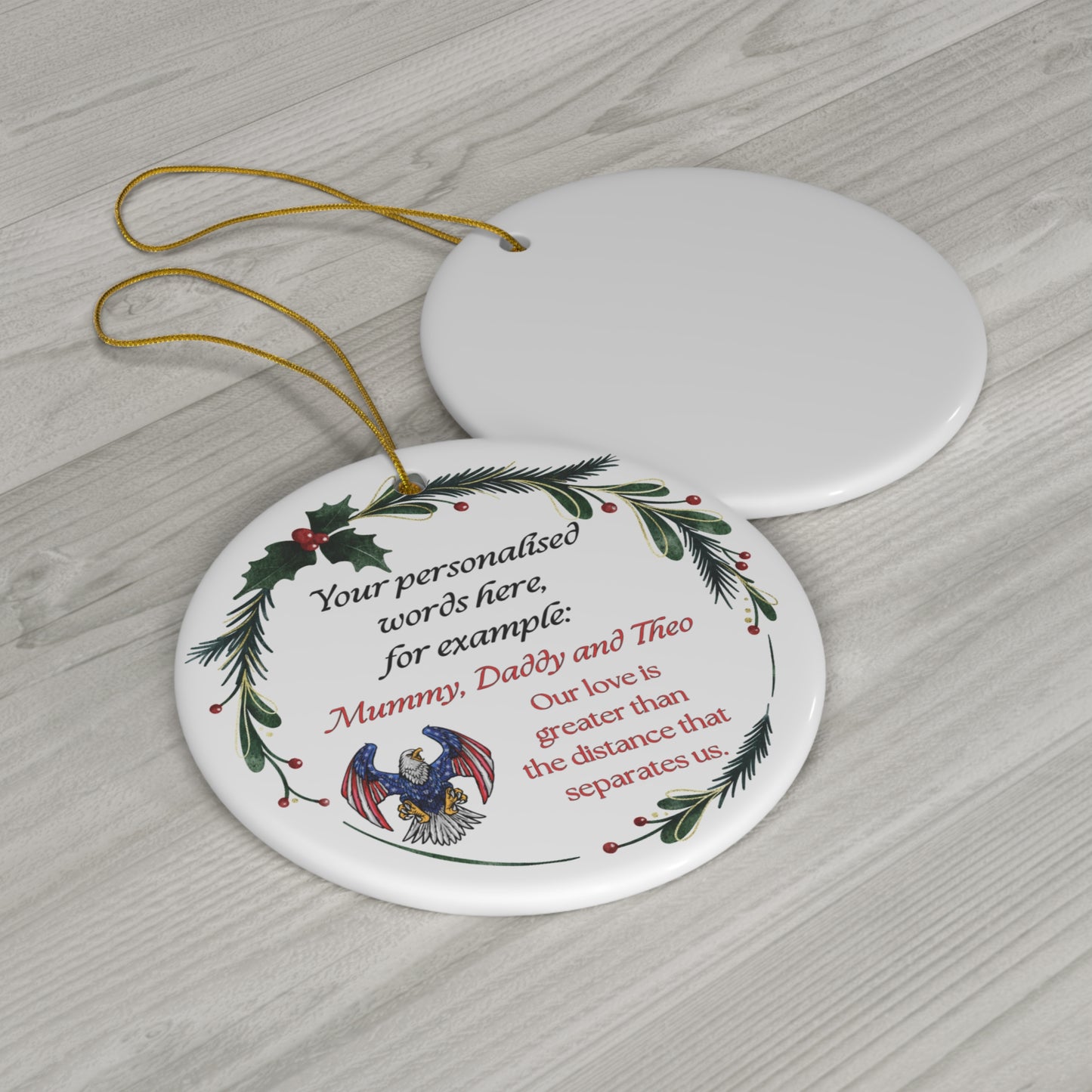 USAF Christmas ornament with mistletoe wreath and candy cane, custom military holiday decoration.