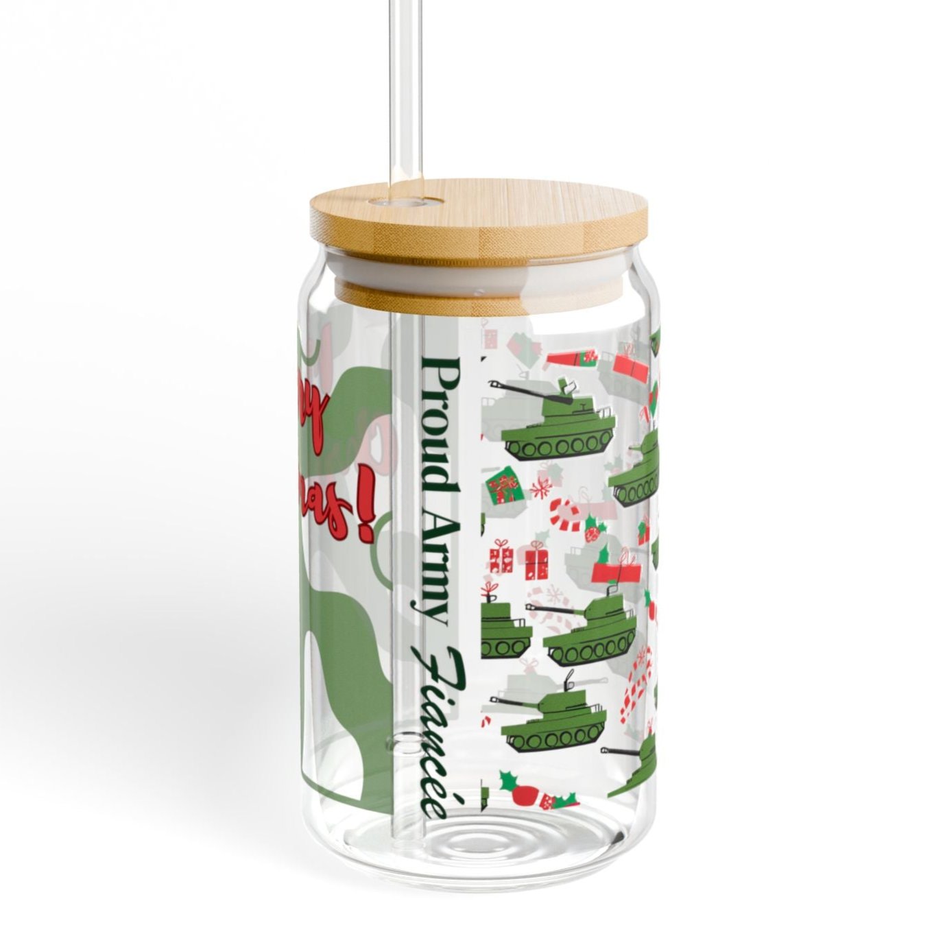 Proud Army Fiancée Christmas Glass Iced Coffee Cup with Bamboo Lid