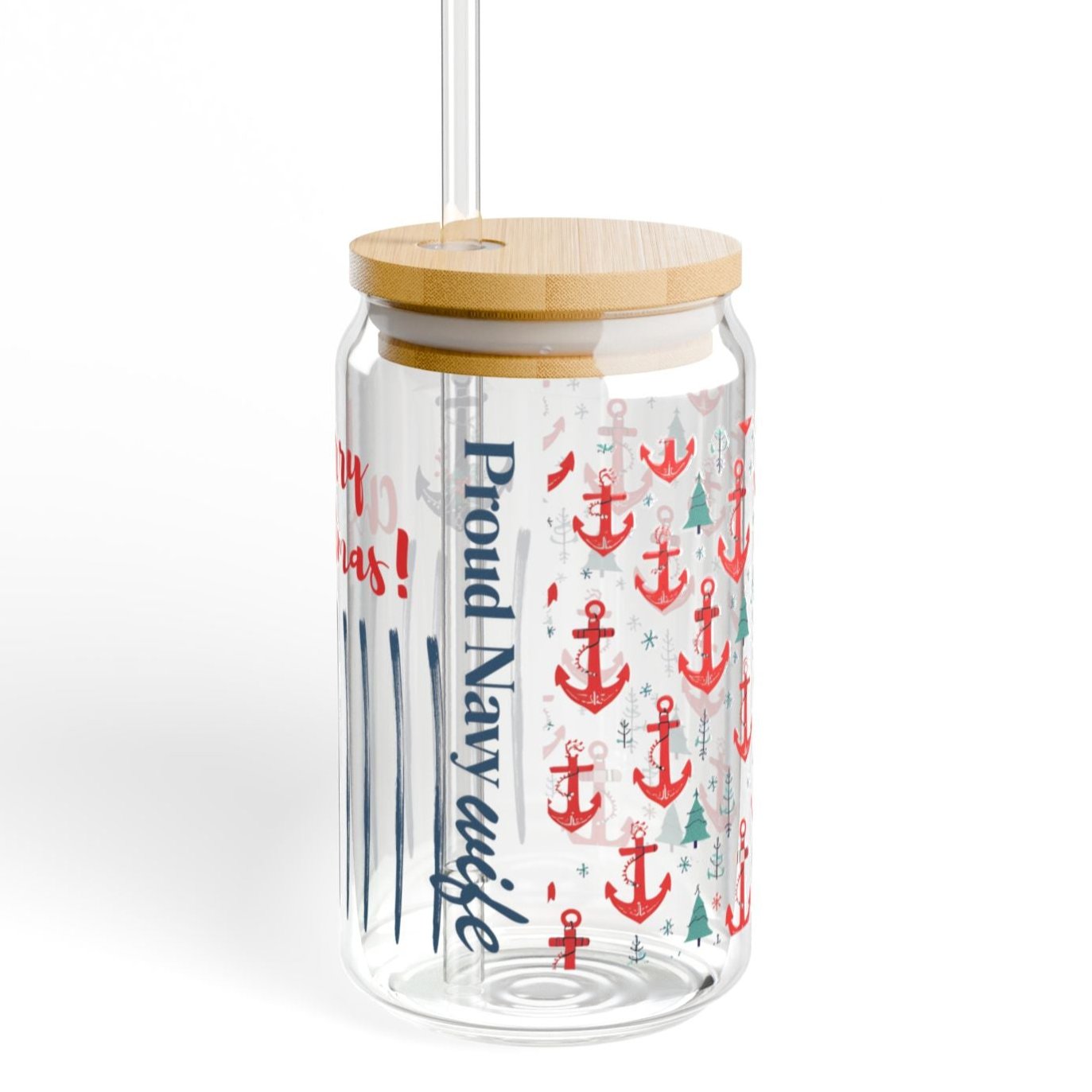 Proud Navy Wife Christmas Iced Coffee Cup with Bamboo Lid
