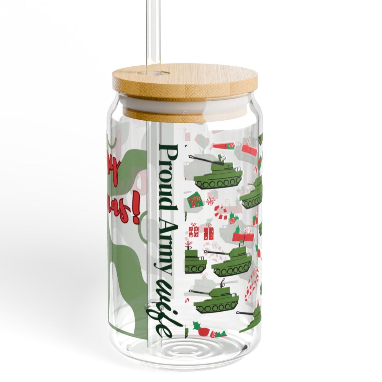 Proud Army Wife Christmas Iced Coffee Cup with Bamboo Lid