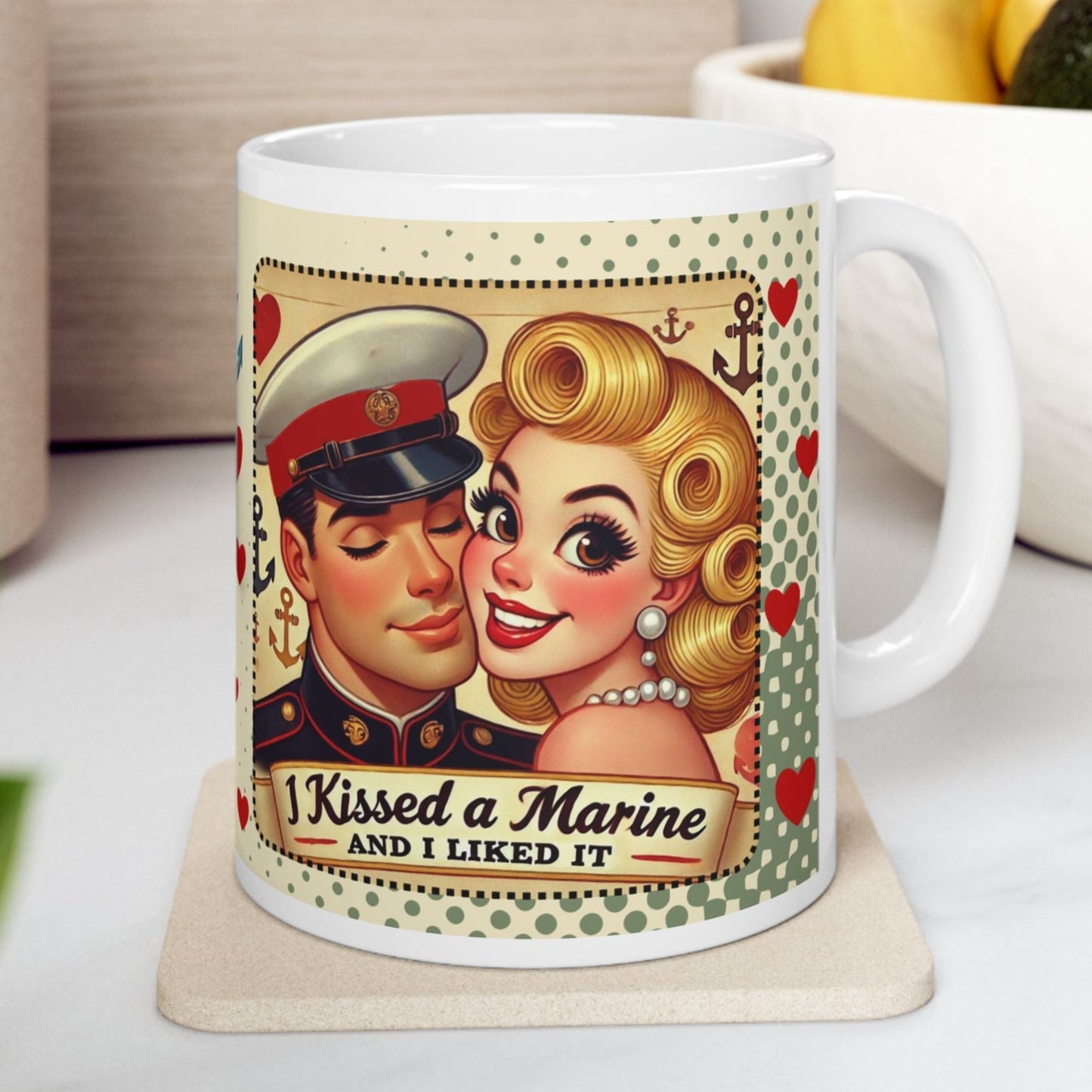 White ceramic coffee mug with 'I Kissed a Marine and I Liked It' in retro 50s design, perfect for Marine spouses and military girlfriends.