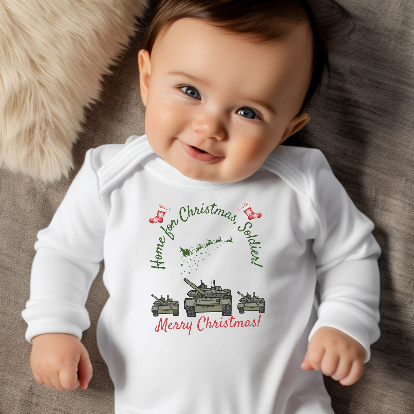 'Home for Christmas, Soldier' Christmas Army Baby Body Suit - 2 Colours Available