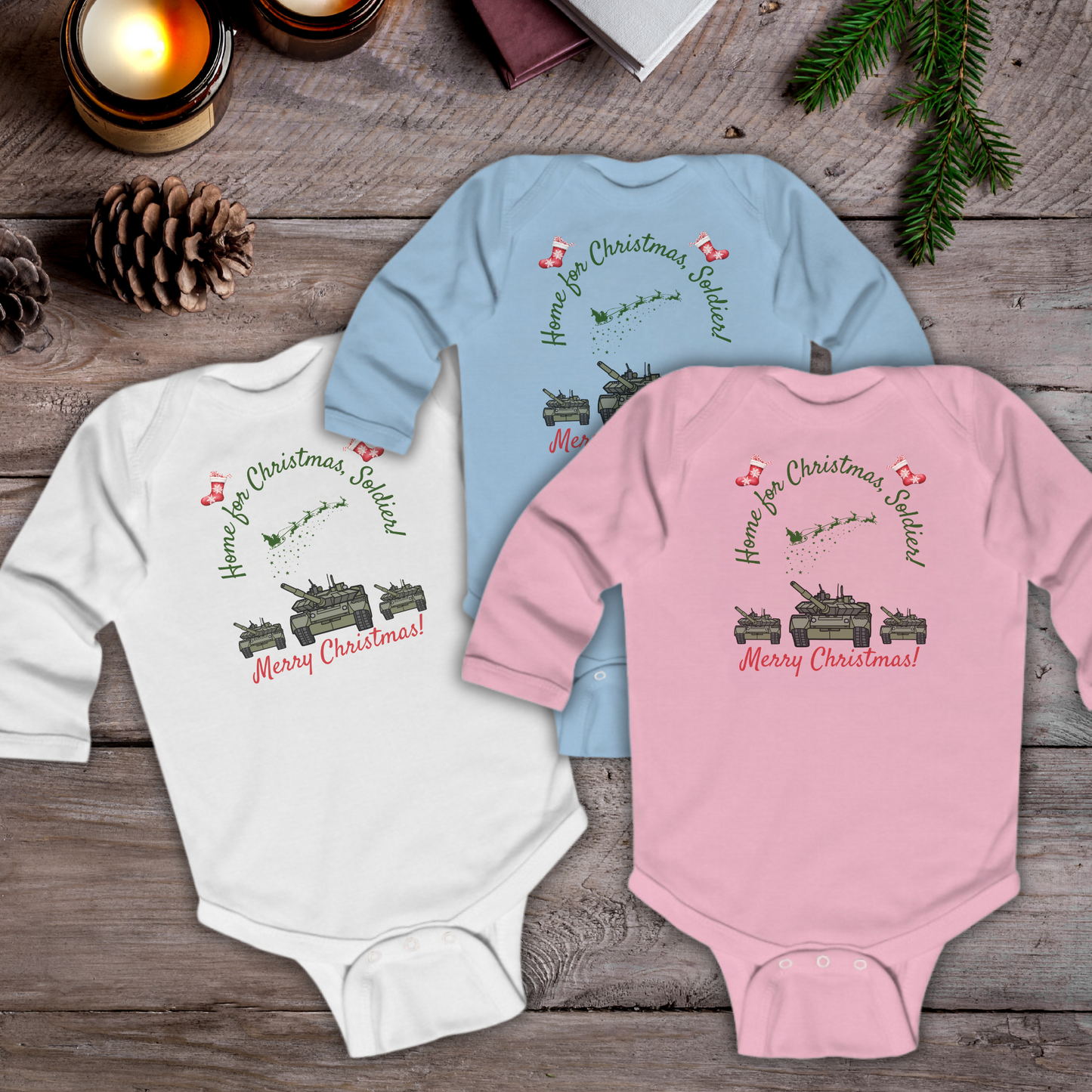 Home for Christmas Army Baby Bodysuit | Soldier in Training Outfit with US Flag | Long Sleeve Baby Gift | 3 Colors Available