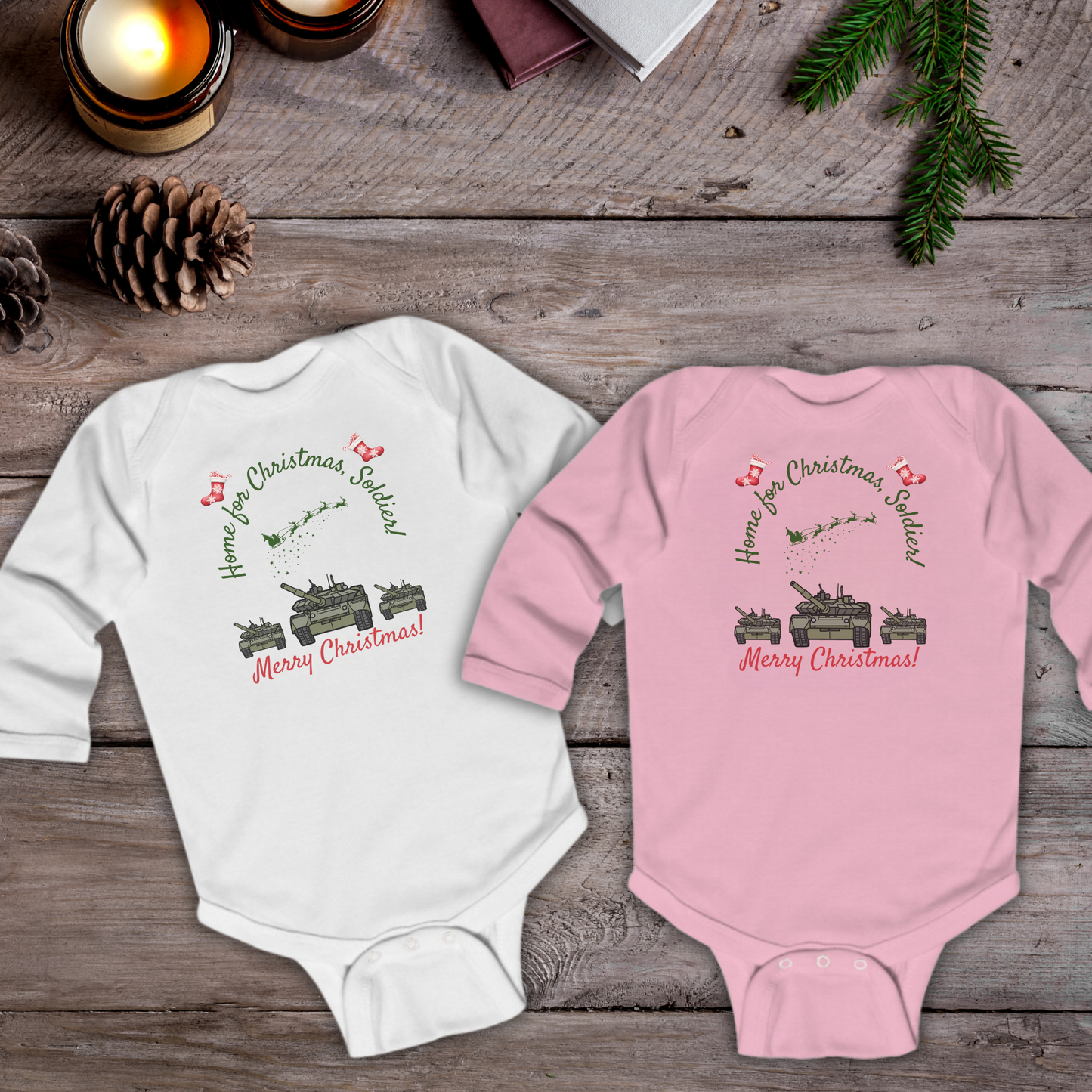 'Home for Christmas, Soldier' Christmas Army Baby Body Suit - 2 Colours Available