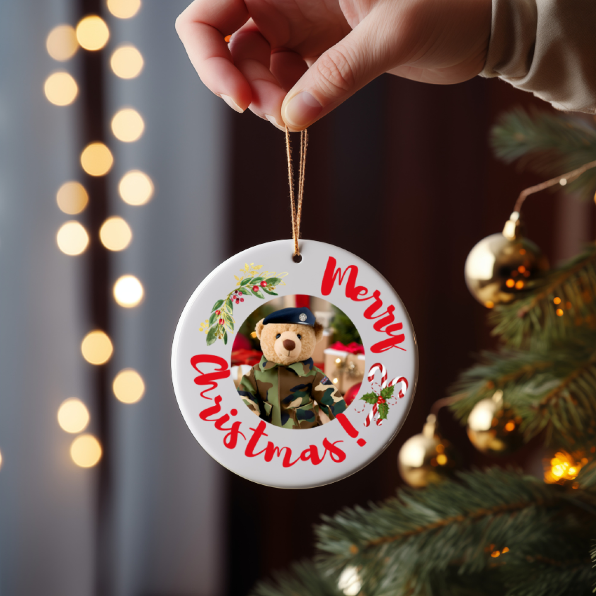 Round ceramic Christmas ornament or gift with RAF military bear, candy cane, and mistletoe on a Christmas tree, perfect for any RAF military family