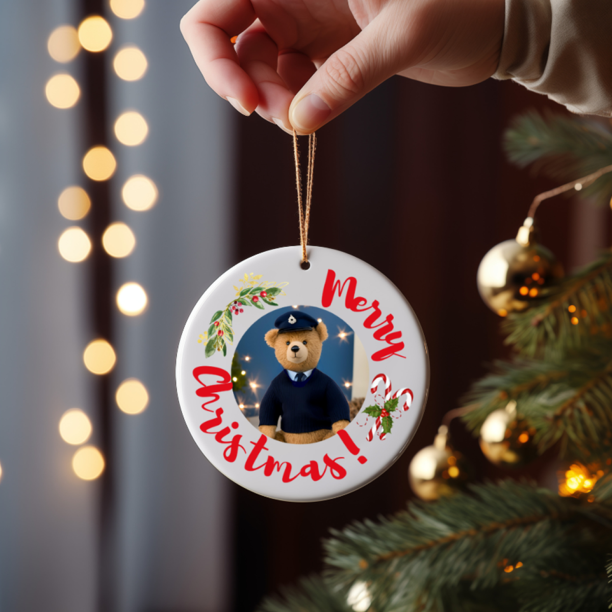Round ceramic Christmas ornament or gift with RAF military bear, candy cane, and mistletoe on a Christmas tree, perfect for any RAF family