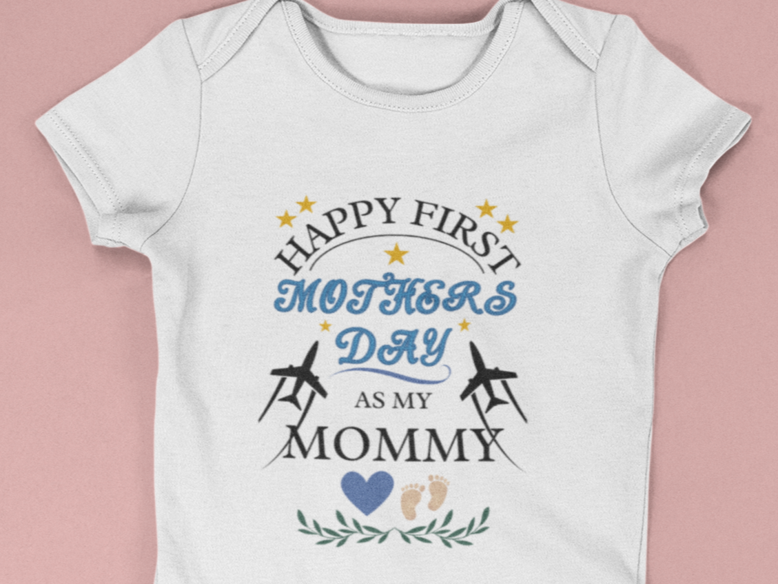 White baby bodysuit featuring 'Happy First Mother’s Day as My Mommy' text with USAF-inspired jests, stars, and baby footprints. Perfect Air Force mom gift.