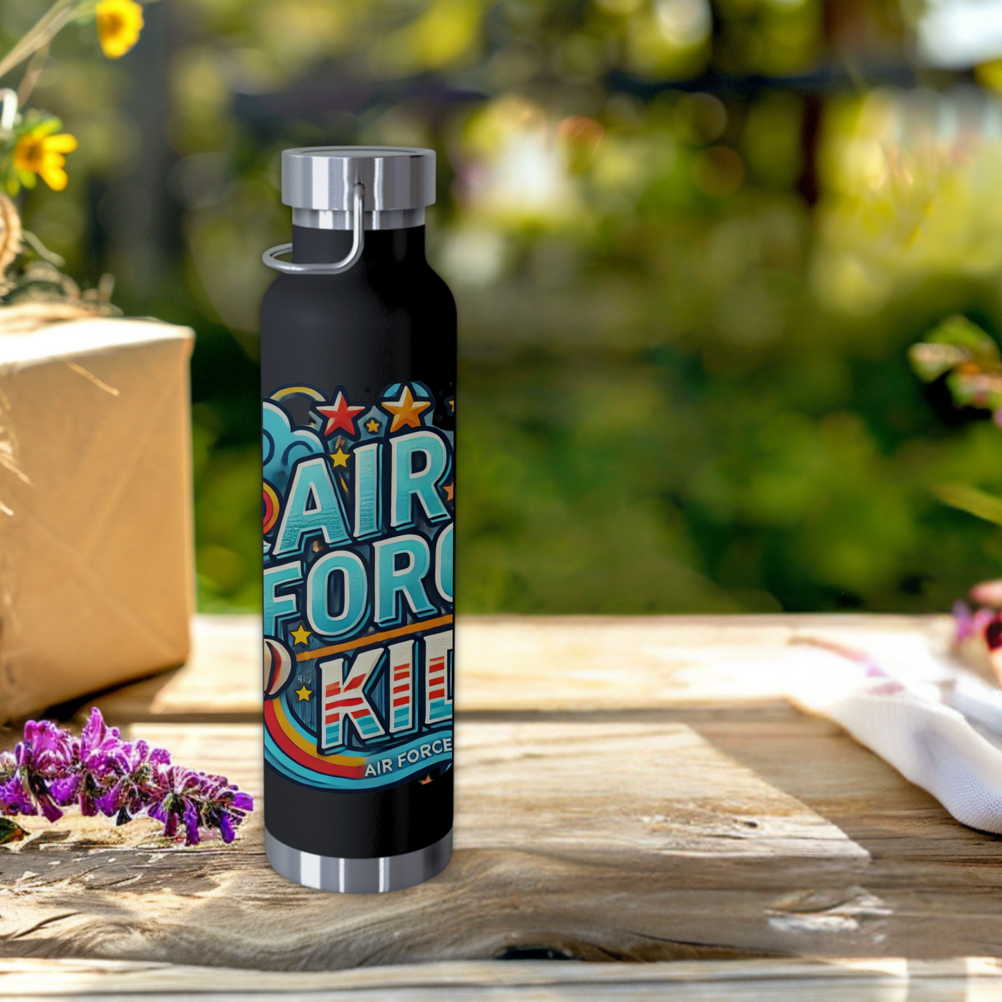 Air Force Kid water bottle in black, 22oz insulated stainless steel with fun airplane and star designs.
