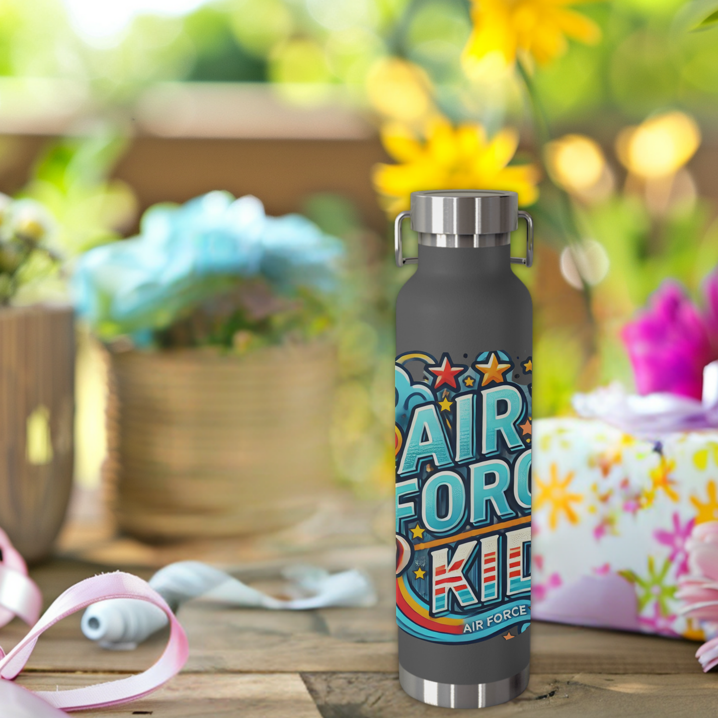 Air Force Kid water bottle in grey, 22oz insulated stainless steel with fun airplane and star designs.