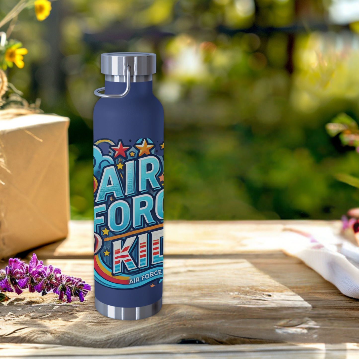 Air Force Kid water bottle in navy blue, 22oz insulated stainless steel with fun airplane and star designs.