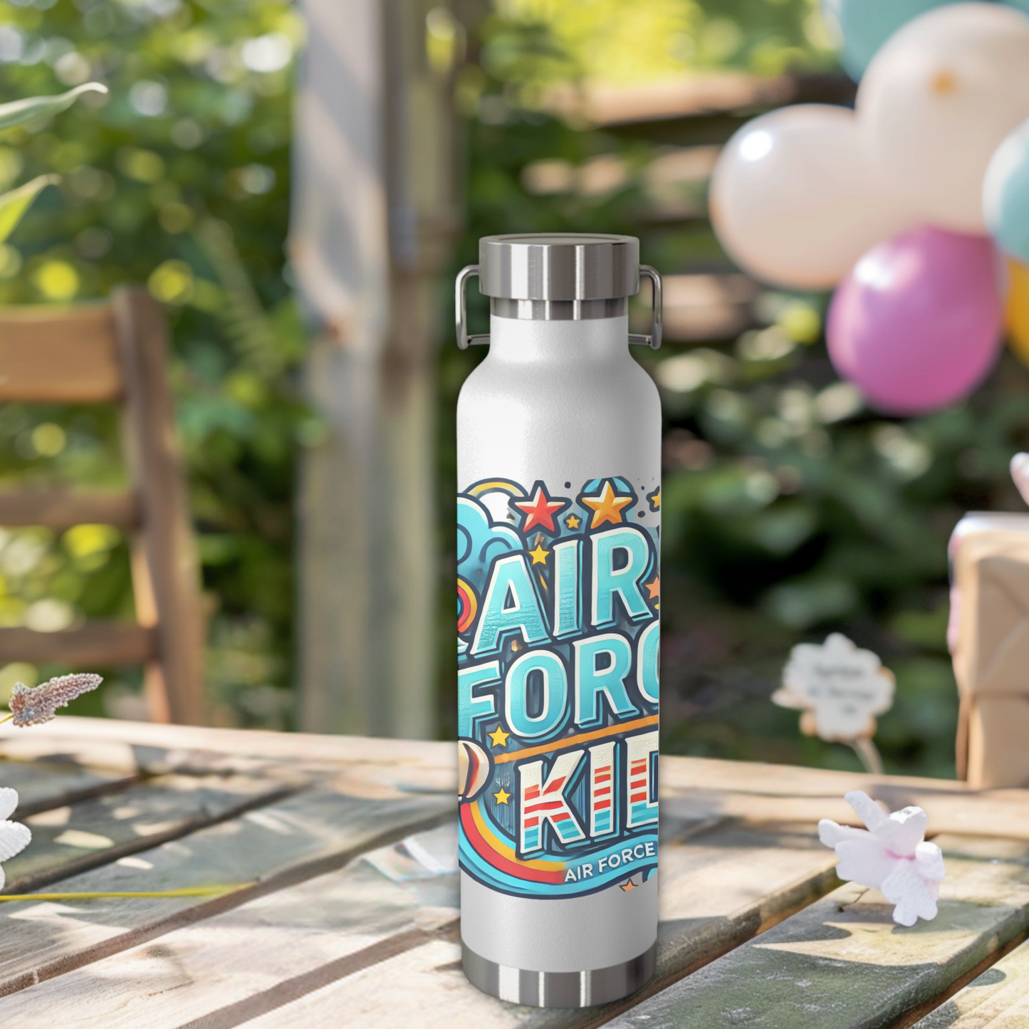Air Force Kid water bottle in white, 22oz insulated stainless steel with fun airplane and star designs.
