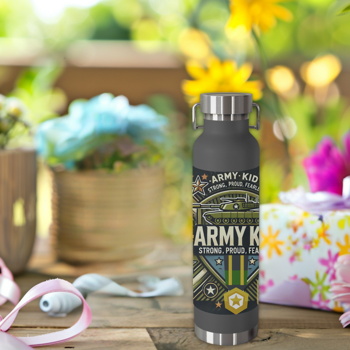 Army Kid water bottle in grey, 22oz insulated stainless steel with playful cartoon tanks and stars.