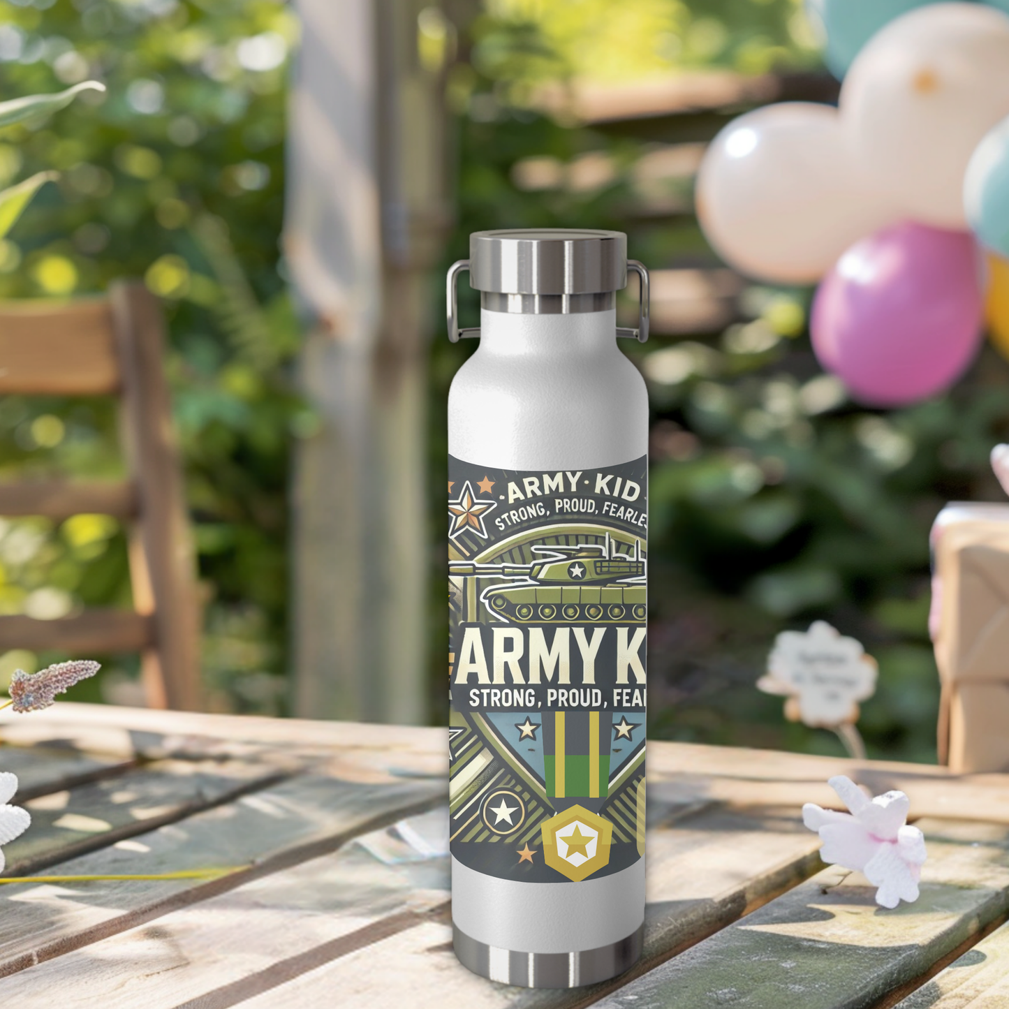 Army Kid water bottle in white, 22oz insulated stainless steel with playful cartoon tanks and stars.