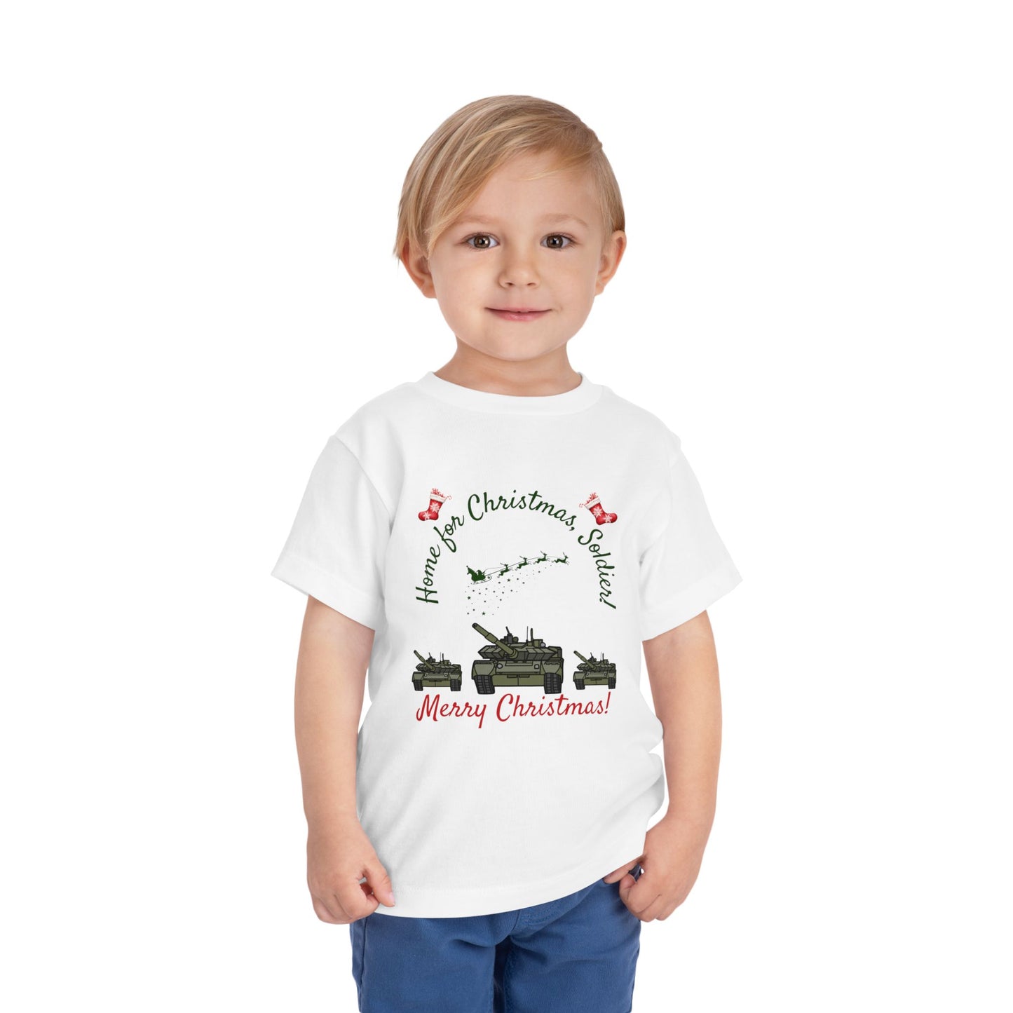 Home for Christmas soldier toddler t-shirt in 7 colors, perfect for Army kids and military families, made from soft Airlume cotton.