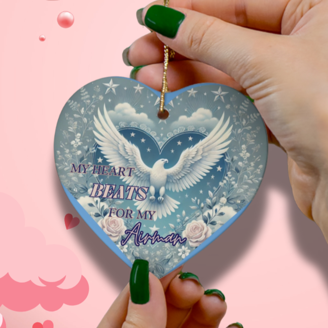 Heart-shaped ceramic ornament with 'My Heart Beats for My Airman' text, perfect for Air Force families and romantic holiday decor.