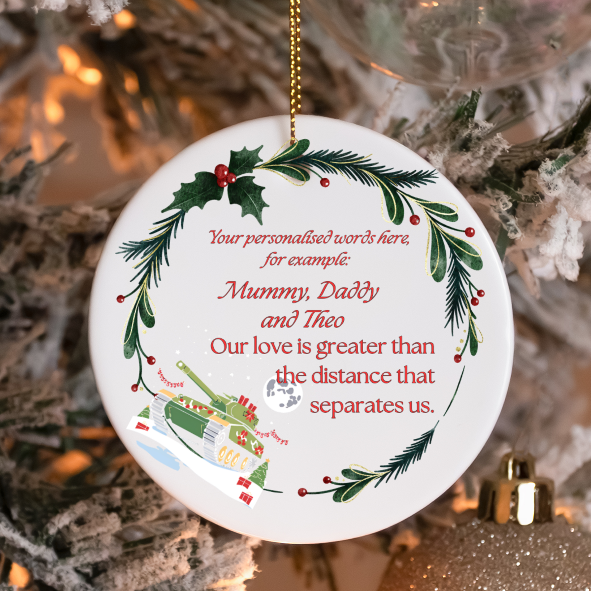 Personalized Army ceramic ornament or gift with mistletoe wreath. Military family gift, army Christmas gift or decoration.