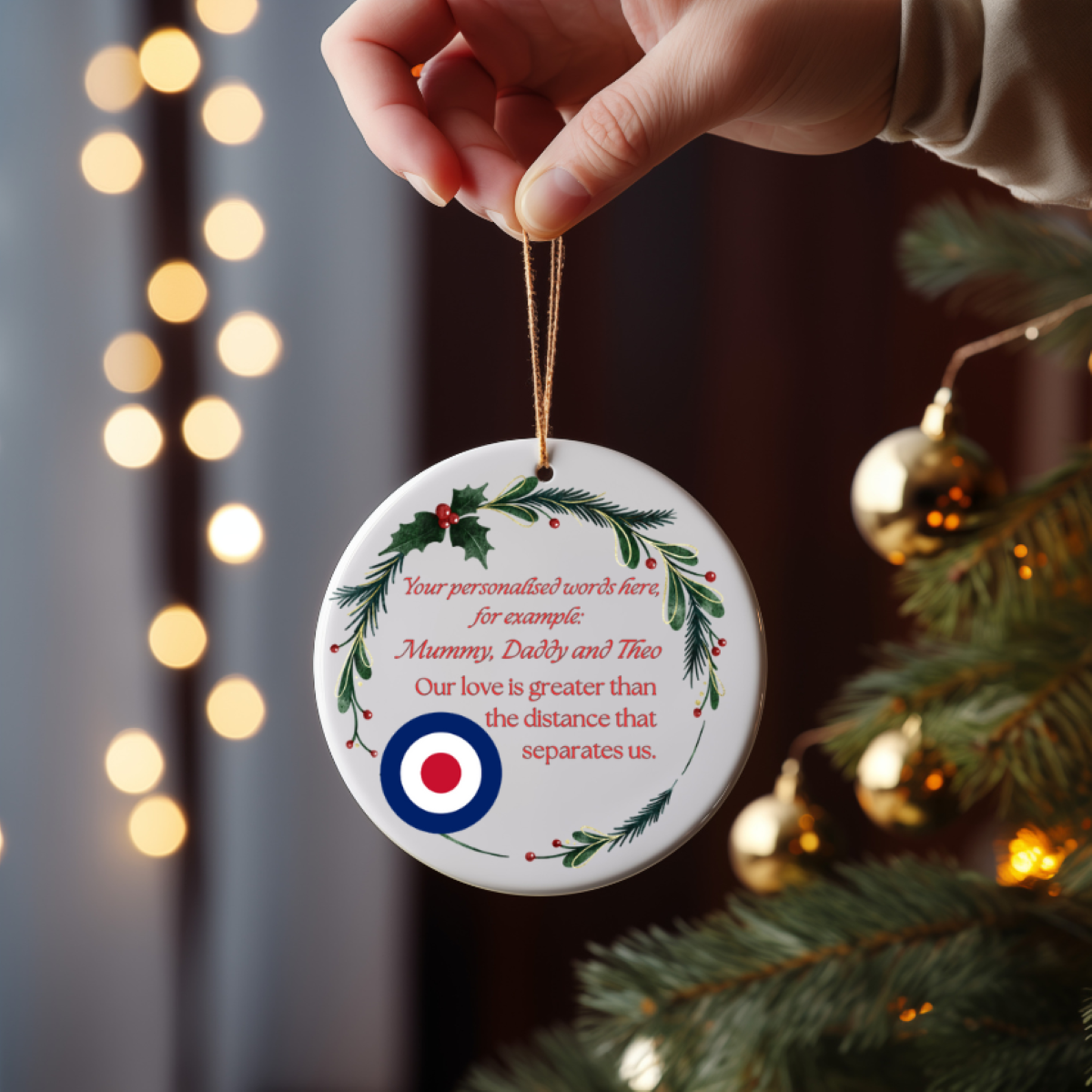 Personalized Airforce ceramic ornament or gift with mistletoe wreath. Military family gift, airforce Christmas gift or decoration.
