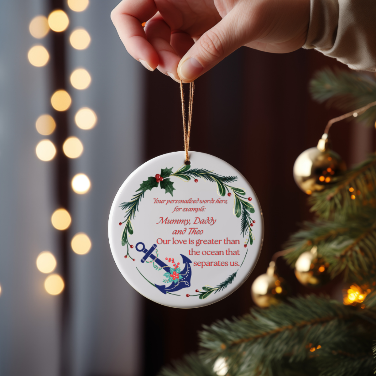Personalized Royal Navy ceramic ornament or gift with mistletoe wreath. Military family gift, Royal Navy Christmas gift or decoration.