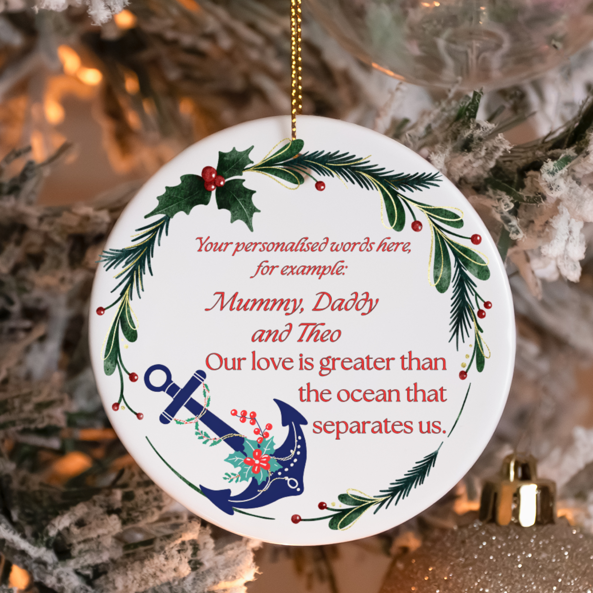 Personalized Royal Navy ceramic ornament or gift with mistletoe wreath. Military family gift, Royal Navy Christmas gift or decoration.