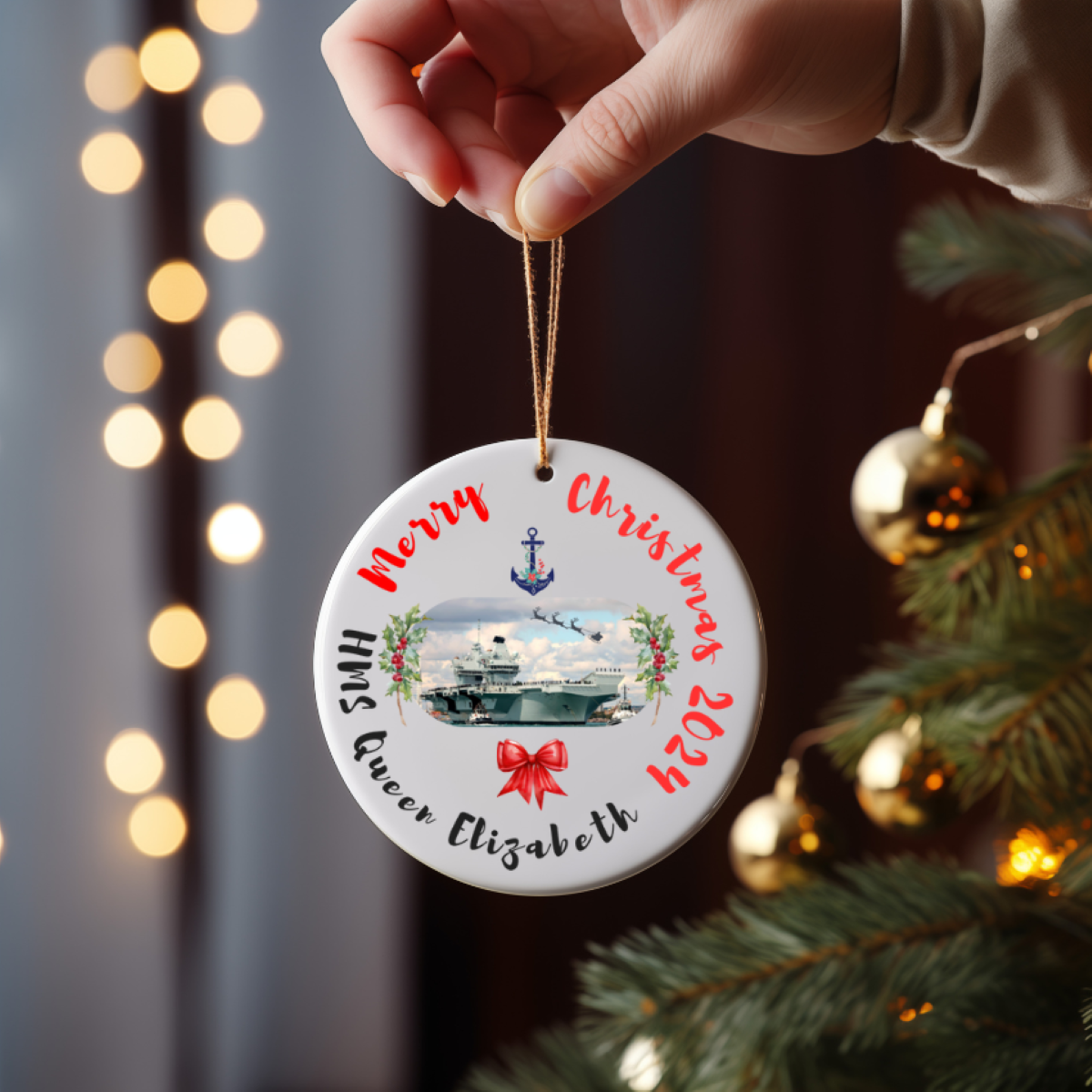 Royal Navy HMS Queen Elizabeth ceramic Christmas ornament or gift with holly wreath. Military family gift, navy Christmas gift, or decoration.
