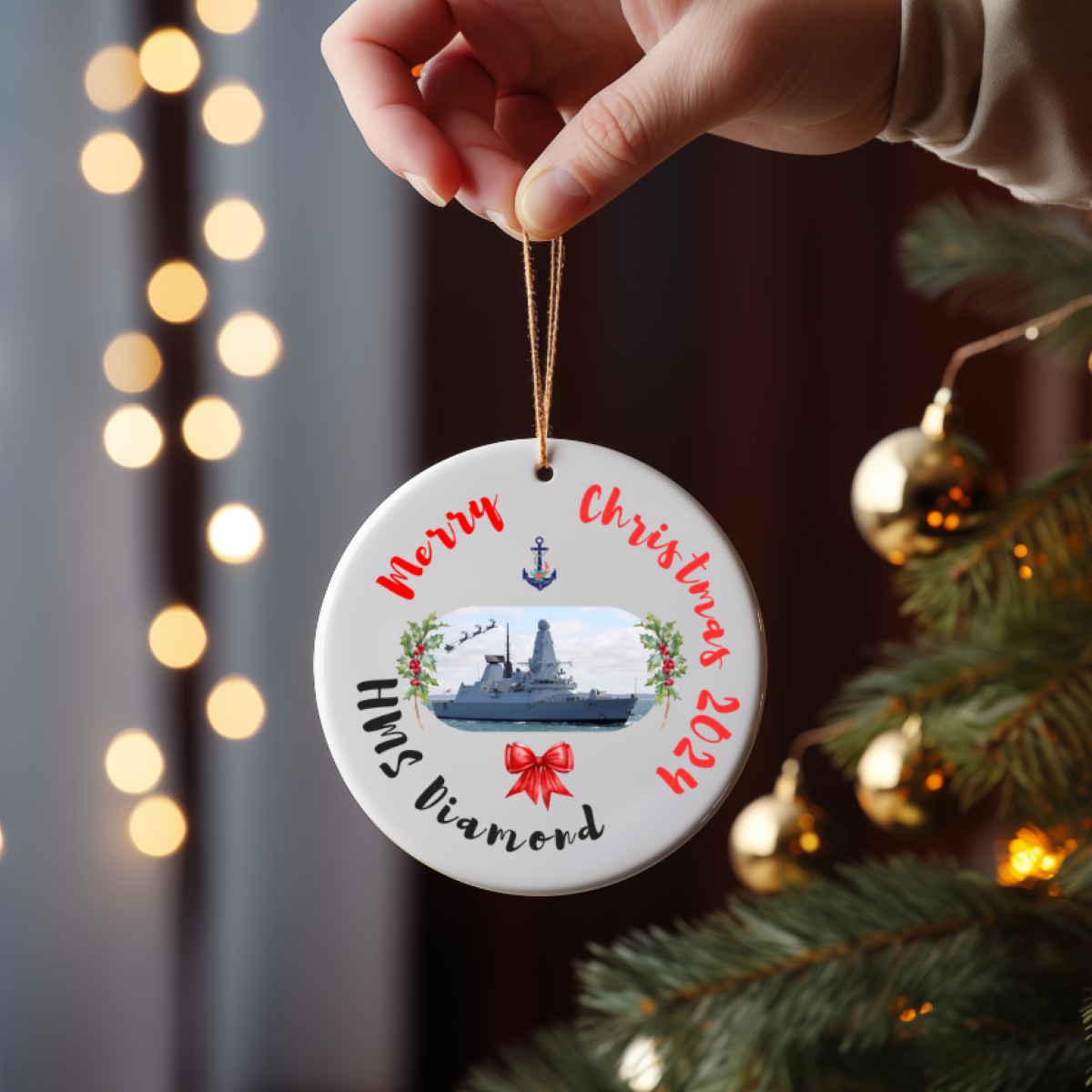 Royal Navy HMS Diaomond ceramic Christmas ornament or gift with holly wreath. Military family gift, navy Christmas gift, or decoration.