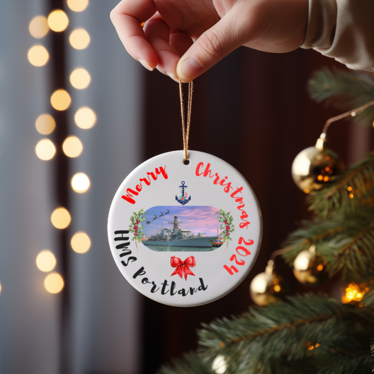 Royal Navy HMS Portland ceramic Christmas ornament or gift with holly wreath. Military family gift, navy Christmas gift, or decoration.