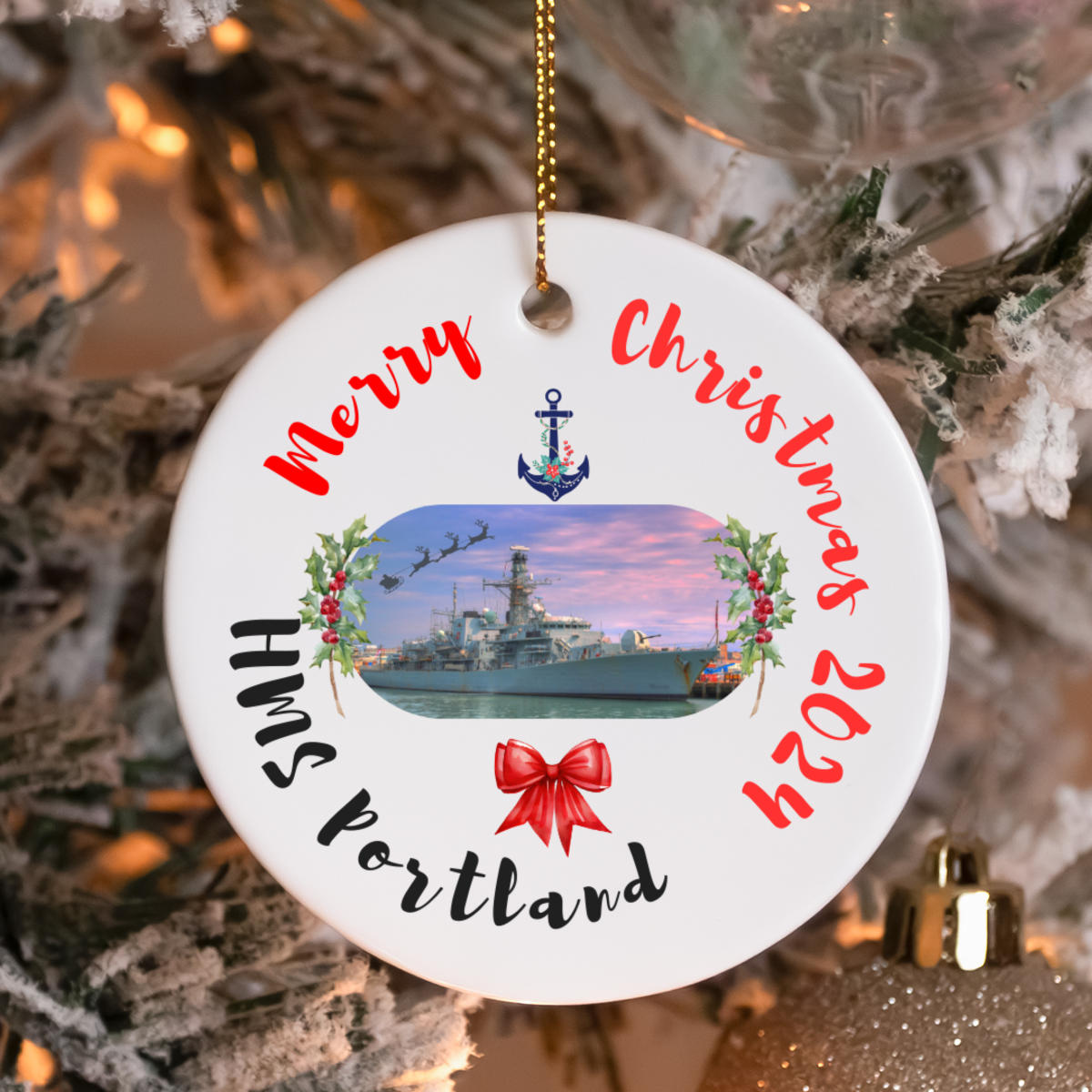 Royal Navy HMS Portland ceramic Christmas ornament or gift with holly wreath. Military family gift, navy Christmas gift, or decoration.