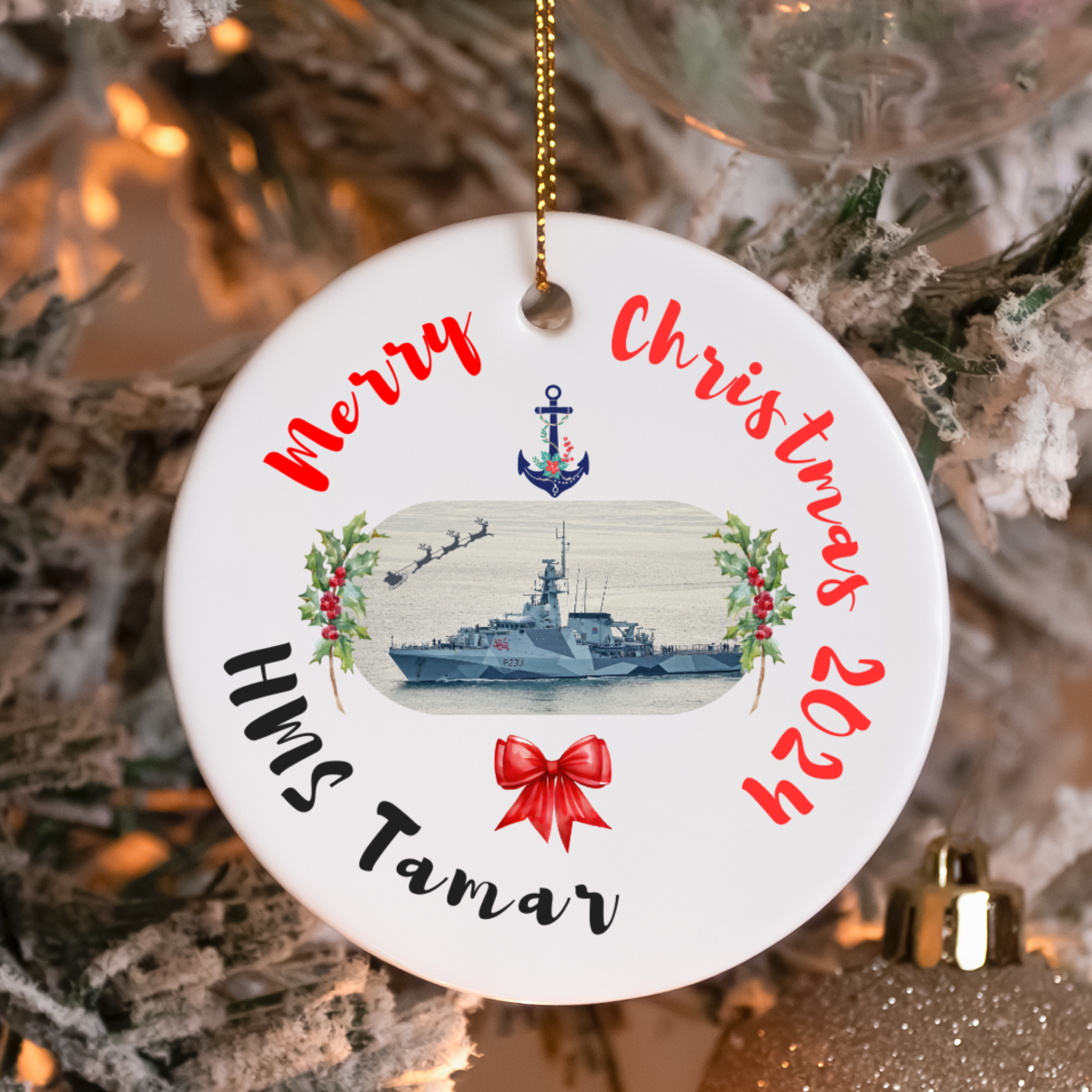 Royal Navy HMS Tamar ceramic Christmas ornament or gift with holly wreath. Military family gift, navy Christmas gift, or decoration.