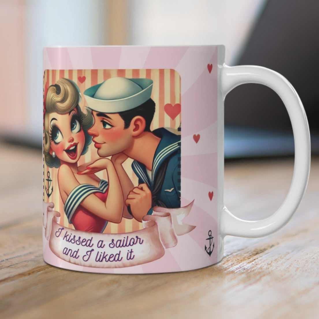 Sailor wife, fiancée, girlfriend coffee mug gift, valentines. Blonde lady kissing a sailor with the caption, I kissed a sailor and I liked it.