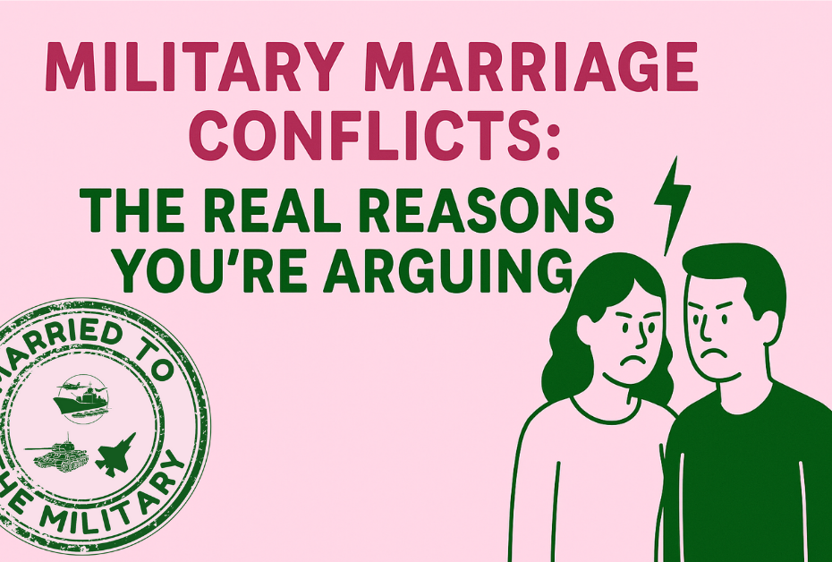 Illustration of a military couple arguing, with bold title text “Military Marriage Conflicts: The Real Reasons You're Arguing” and the Married to the Military logo, on a pink background.