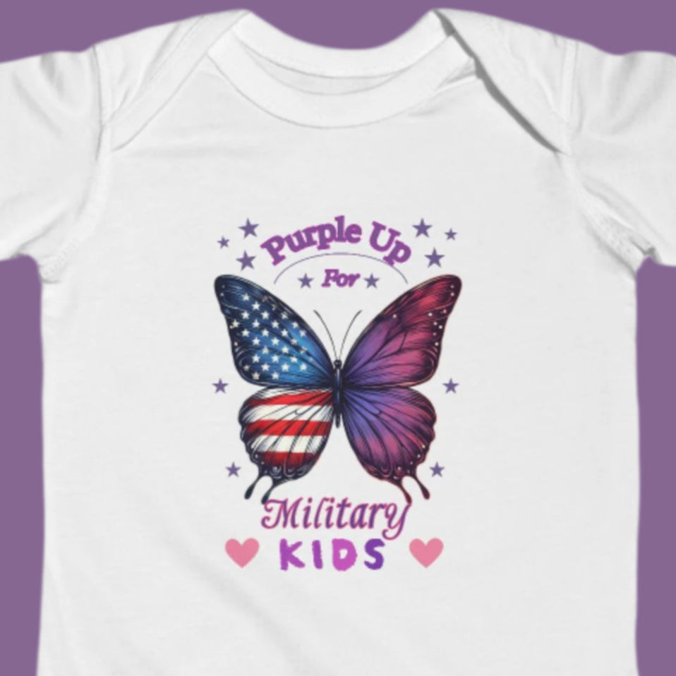 Purple Up for Military Kids Baby Bodysuit | Military Baby Outfit | Month of the Military Child Gift | Newborn Military Family Clothes with US Flag Butterfly