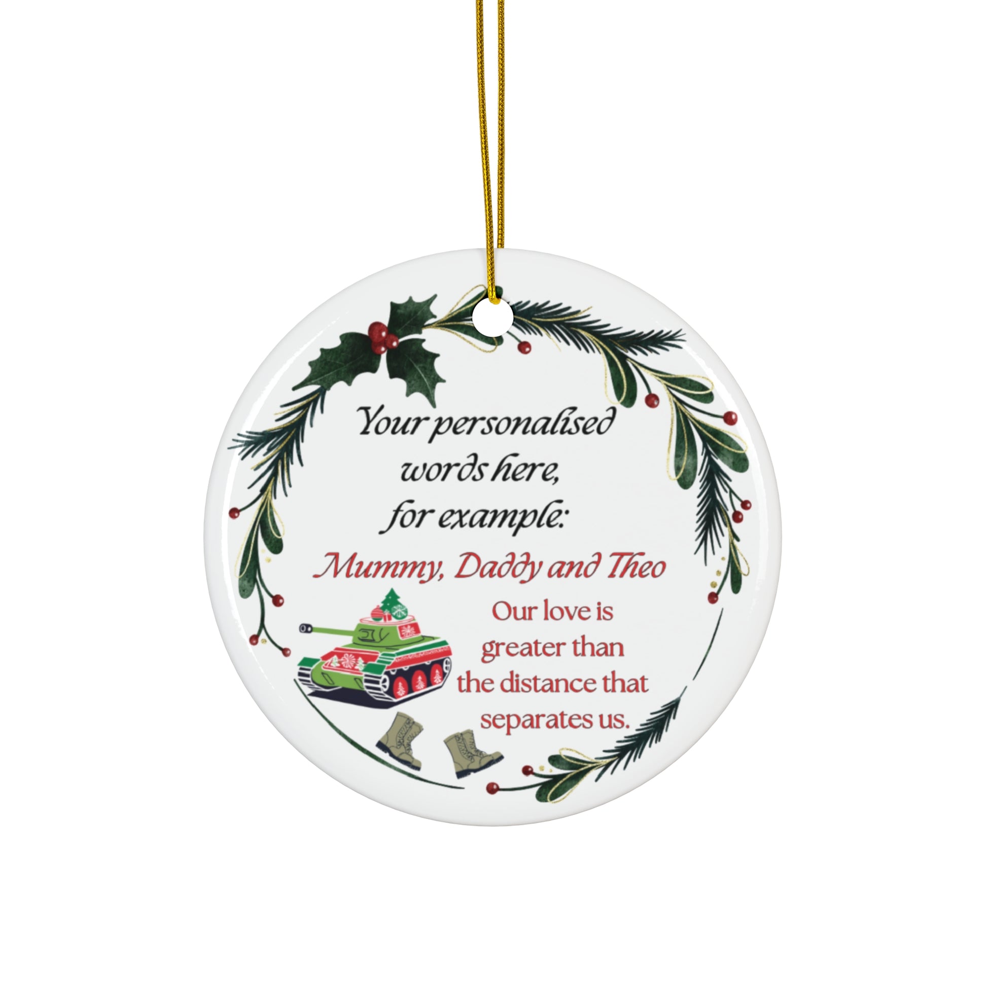 Army Christmas ornament with mistletoe wreath and candy cane, custom military holiday decoration.