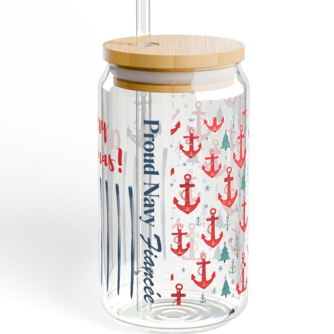 Proud Navy Fiancée Christmas Iced Coffee Cup with Bamboo Lid