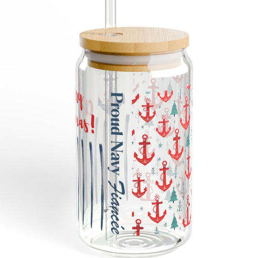 Proud Navy Fiancée Christmas Iced Coffee Cup with Bamboo Lid