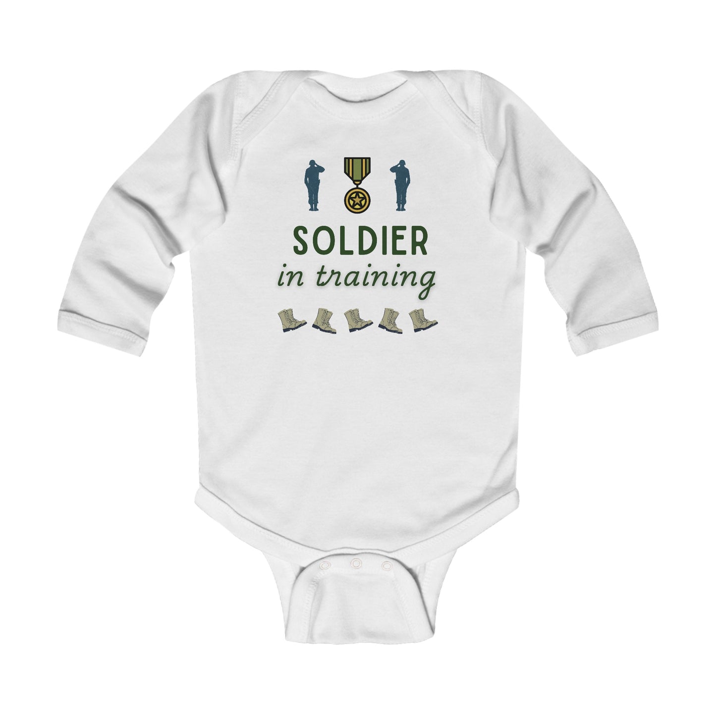 Infant Soldier in Training Long Sleeve Baby Bodysuit | US Flag Baby Outfit | Military Baby Gift  | 2 Colors Available