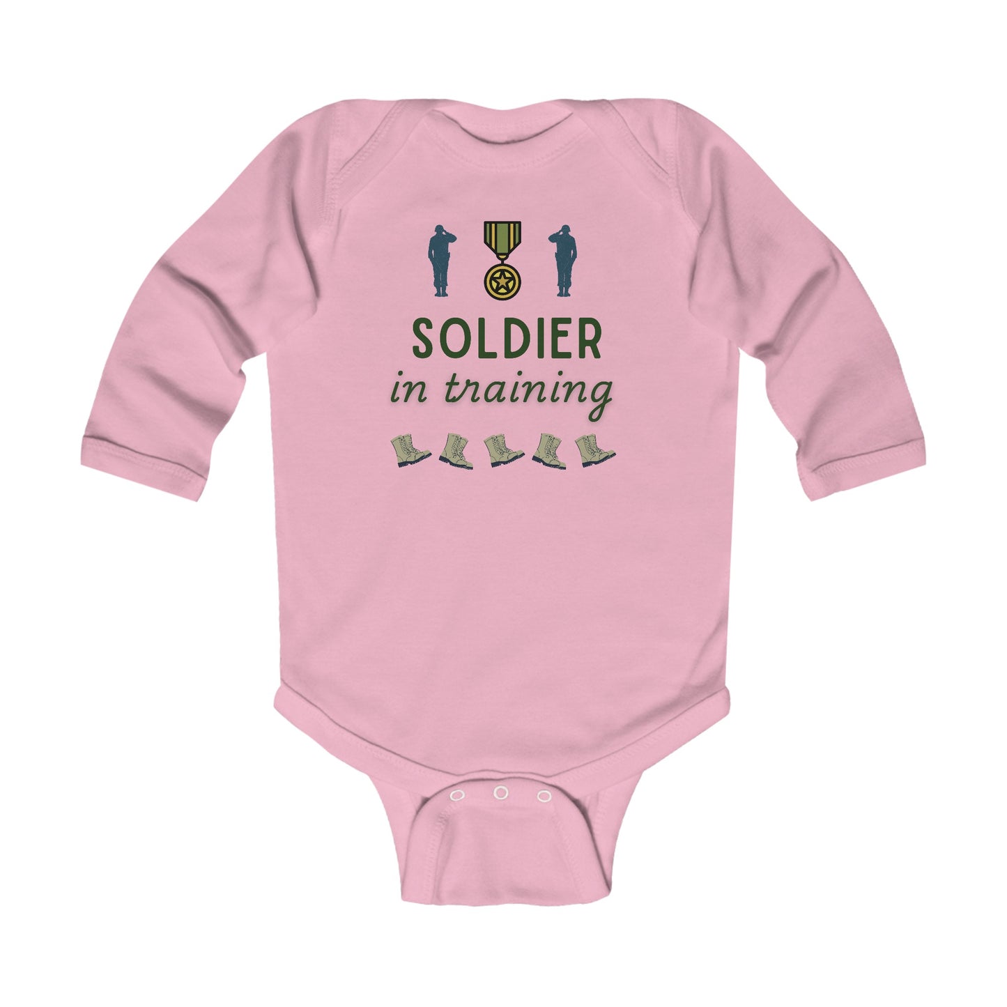Infant Soldier in Training Long Sleeve Baby Bodysuit | US Flag Baby Outfit | Military Baby Gift  | 2 Colors Available