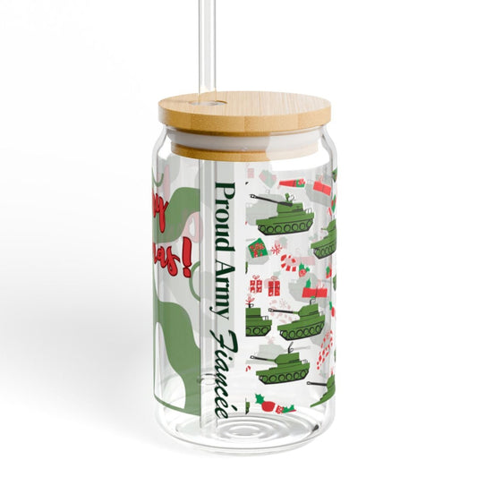 Proud Army Fiancée Christmas Glass Iced Coffee Cup with Bamboo Lid
