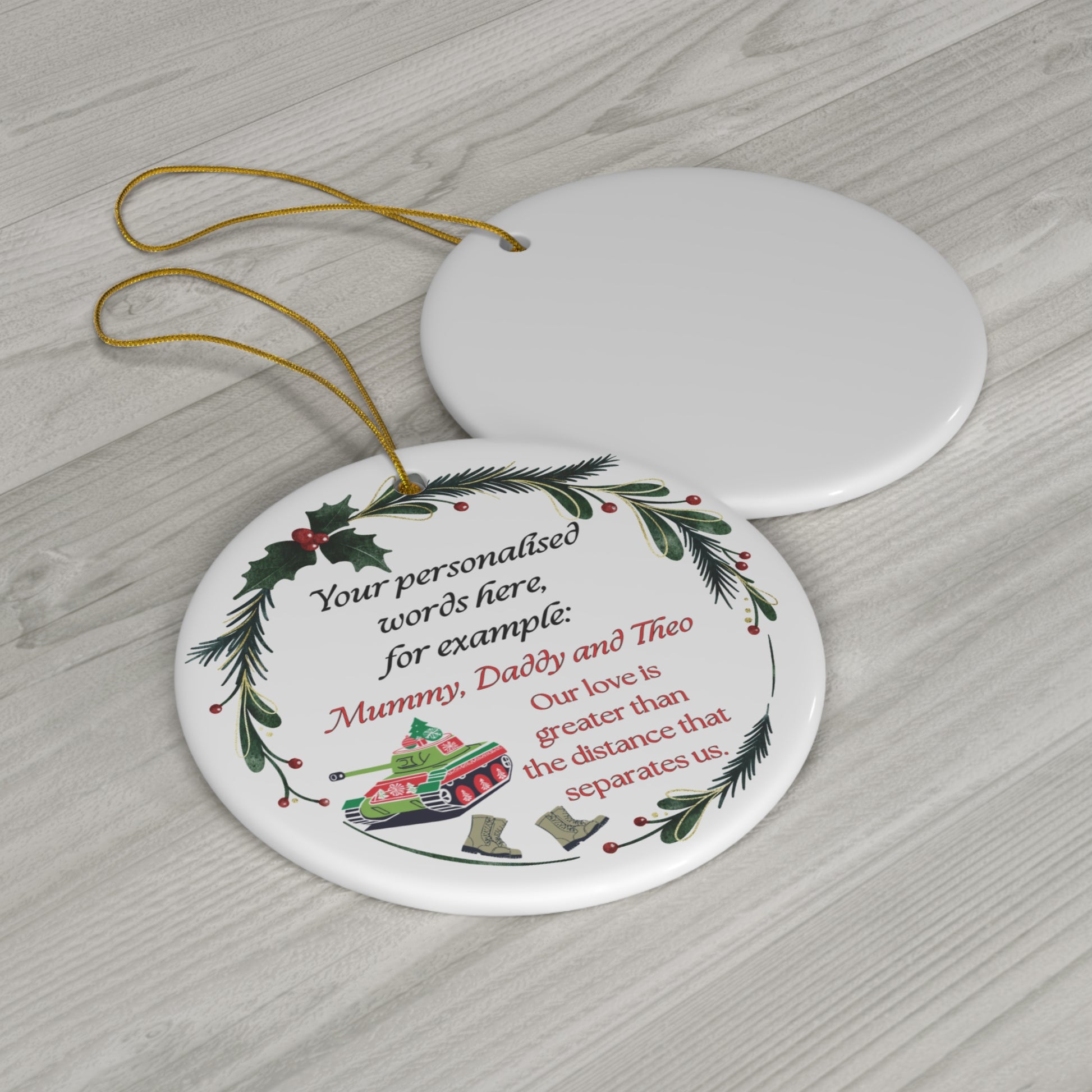 Army Christmas ornament with mistletoe wreath and candy cane, custom military holiday decoration.