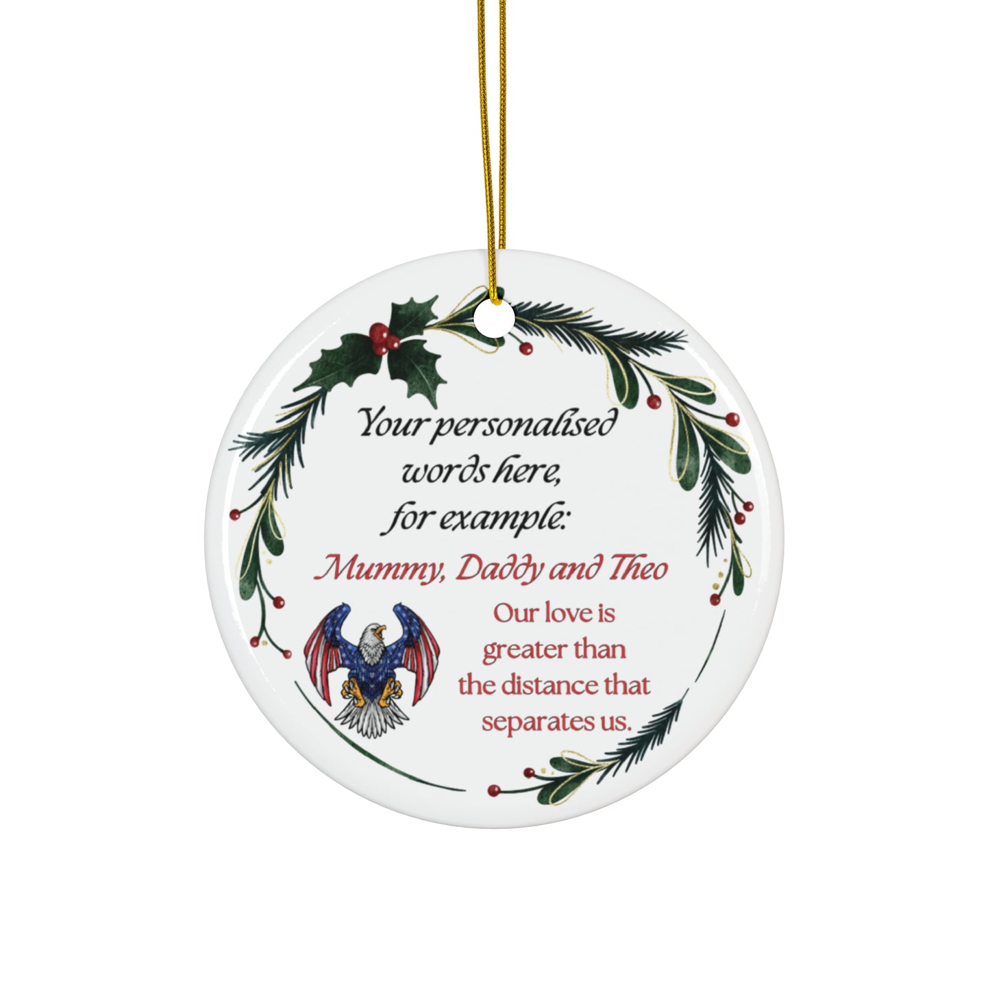 USAF Christmas ornament with mistletoe wreath and candy cane, custom military holiday decoration.
