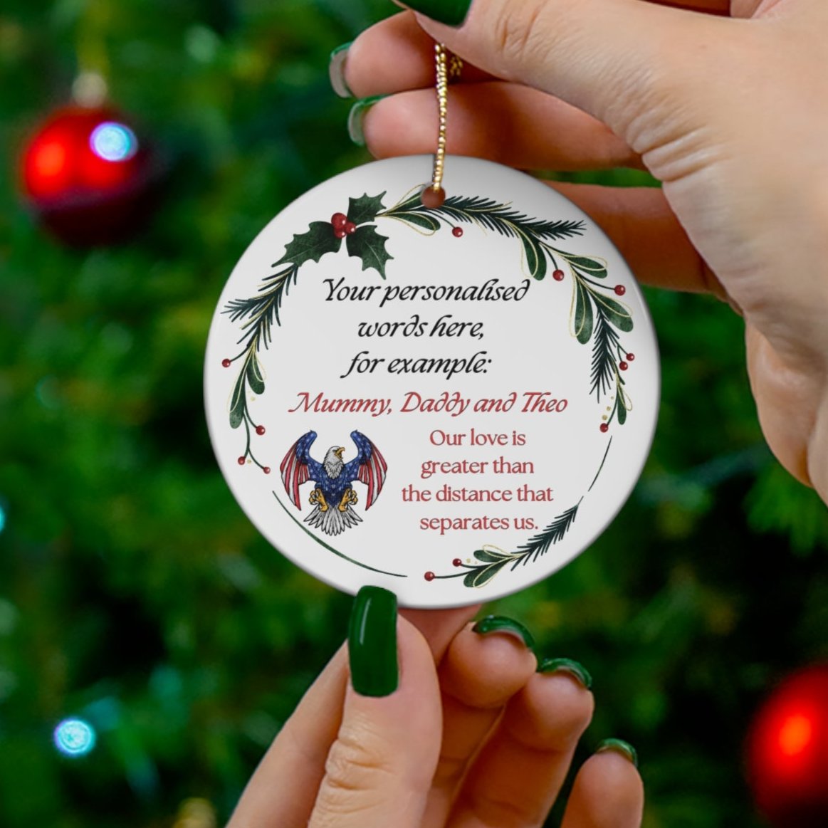 USAF Christmas ornament with mistletoe wreath and candy cane, custom military holiday decoration.