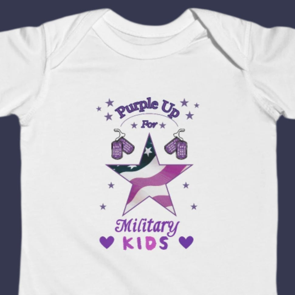 Purple Up for Military Kids Baby Bodysuit | Military Baby Outfit with US Flag Star & Dog Tags | Month of the Military Child Gift | Newborn Patriotic Baby Clothes