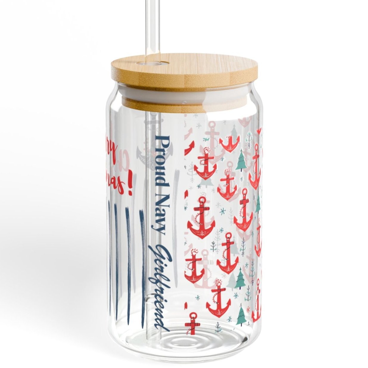 Proud Navy Girlfriend Christmas Iced Coffee Cup with Bamboo Lid