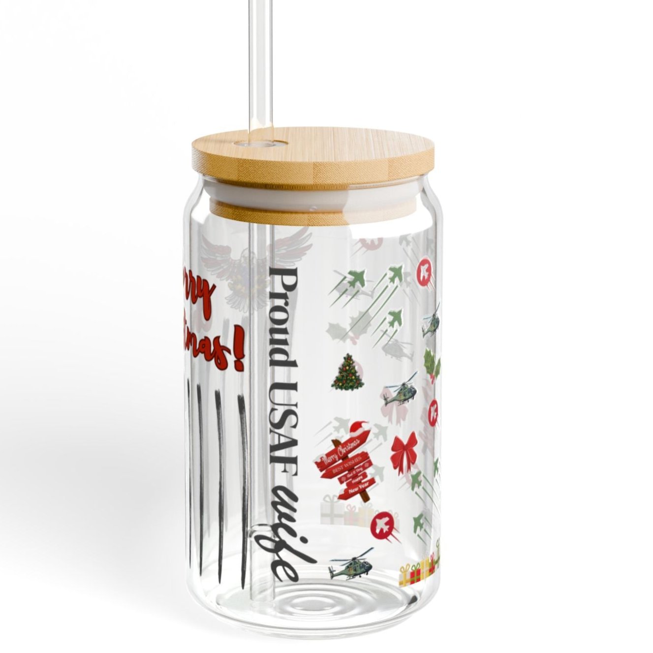 Proud USAF Wife Christmas Iced Coffee Cup with Bamboo Lid