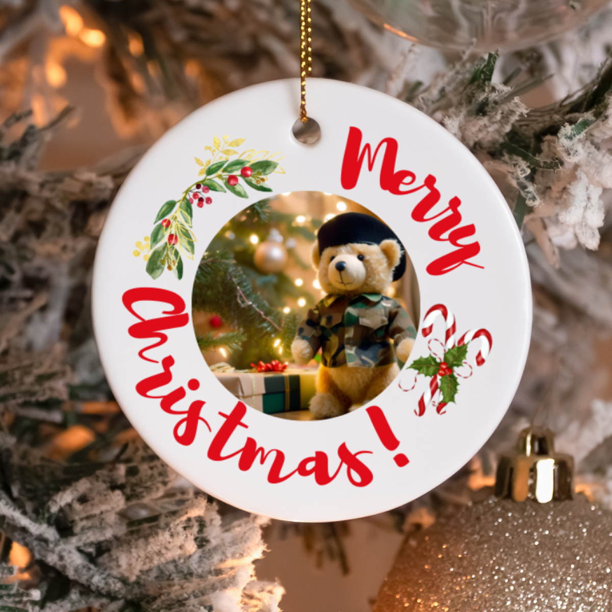 Round ceramic Christmas ornament or gift with military bear, candy cane, and mistletoe on a Christmas tree for army family