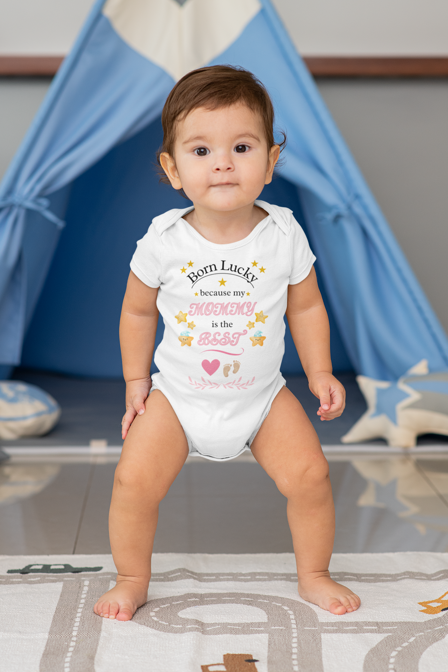 Born Lucky Baby Bodysuit – Pink Lettering, Cute Baby Gift for New Moms