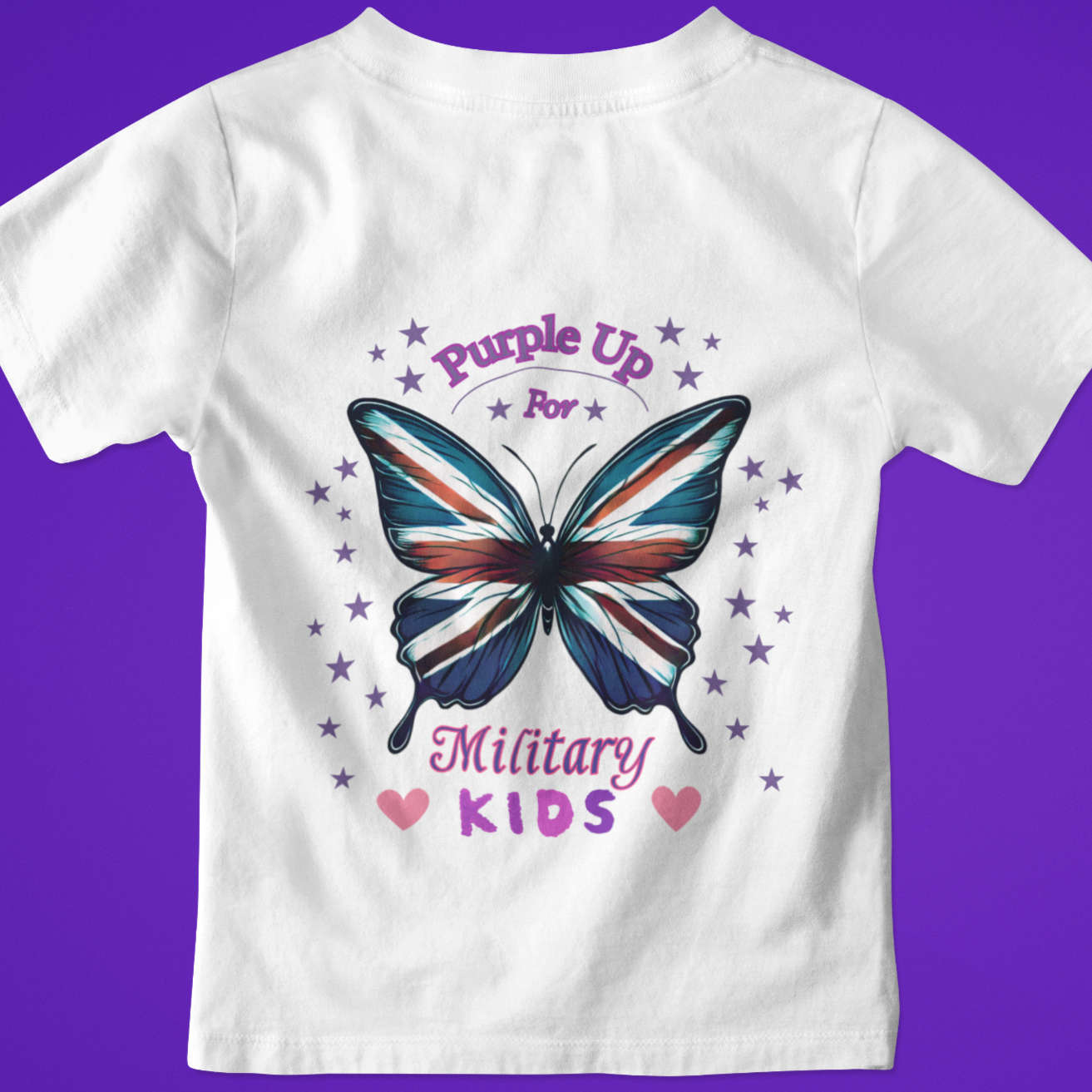 Month of Military Child T Shirt featuring a butterfly with a union jack and purple stars with the text, 'Purple Up for Military Kids'.