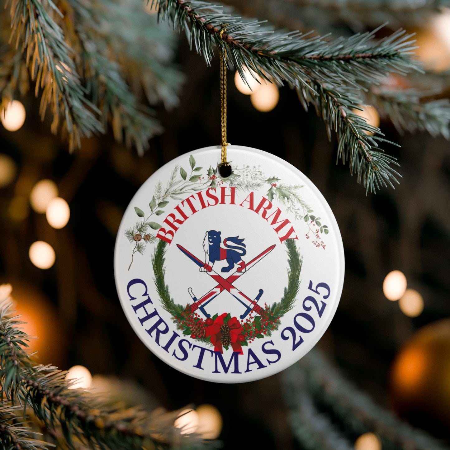 British Army Christmas ornament 2025 featuring Army crest with festive wreath and red ribbon design.